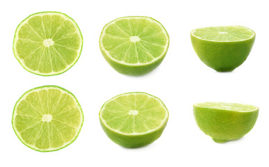 Set of ripe lime cuts in half isolated over the white background, three different foreshortenings