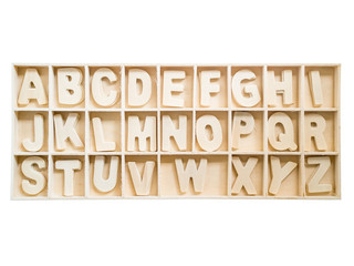 Isolated set of wooden A to Z alphabet in the box