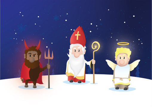 Tiny Saint Nicholas, Nicolaus, Nikolaus with shining staff. Nicolaus, angel and devil characters.