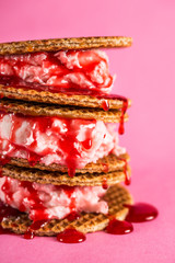 Ice cream with waffles and berry sirup