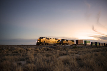 Naklejka premium Cargo train traveling through desert