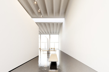 Photo exhibition space modern gallery.Huge white empty canvas hanging contemporary art museum.Interior loft style with concrete floor, spotlight,generic design furniture and building.3d rendering