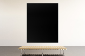 Photo exhibition space modern gallery.Huge black empty canvas hanging contemporary art museum.Interior loft style, concrete floor. Picture with generic design furniture and building. 3d rendering