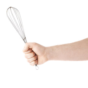 Hand Holding A Egg Beater Mixer Whisk, Composition Isolated Over The White Background