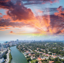 Downtown Miami, Florida. Aerial view at dusk from helicopter