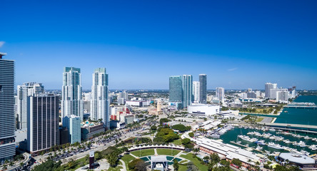 Awesome aerial view of Miami skyline from helicopter