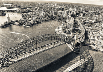 Sunset over Sydney Harbour, helicopter view