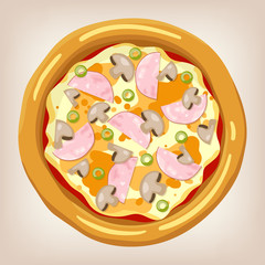 Ham and mushroom pizza vector illustration. Pizza set. Cartoon style icon. Restaurant menu illustration. 