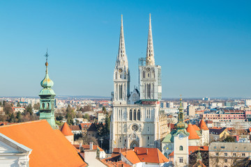 Zagreb cathedral and roof of St Catherine church from Upper town, panoramic view on center of...