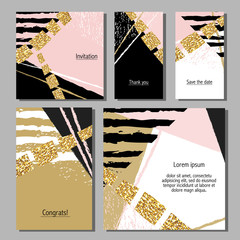 Vector illustration set of artistic colorful universal cards. Wedding, anniversary, birthday, holiday, party. Design for poster, card, invitation. With golden glitter texture - 107160149