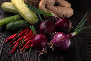 Vegetables on wood. Bio Healthy food, herbs and spices. Vegan.