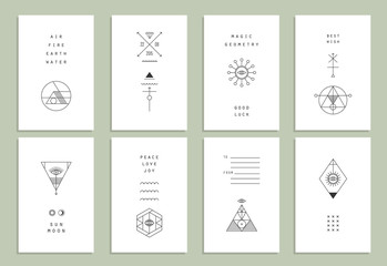 Set of vector trendy cards with geometric icons. Alchemy symbols