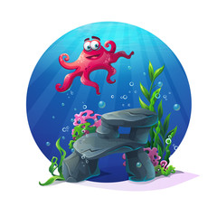 Underwater cartoon comic octopus on rocks in ocean