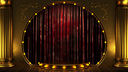 red curtain stage with gold and lights. 3D illustration