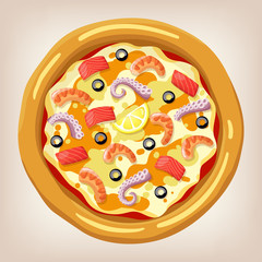 Seafood pizza vector illustration. Pizza set. Cartoon style icon. Restaurant menu illustration. 