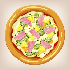 Hawaiian pizza vector illustration. Pizza set. Cartoon style icon. Restaurant menu illustration. 