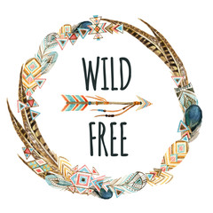 Watercolor wreath with ornate bird feathers and arrow  isolated on white background.
