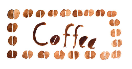 Coffee beans around coffee text on white background