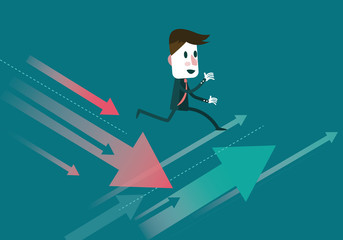 Obraz premium Businessman jump to the growth arrow. Finance and trading concept