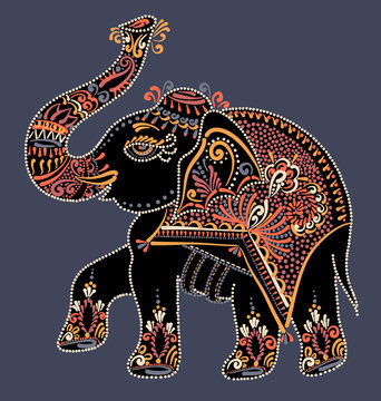 folk art indian elephant, vector dot painting illustration 