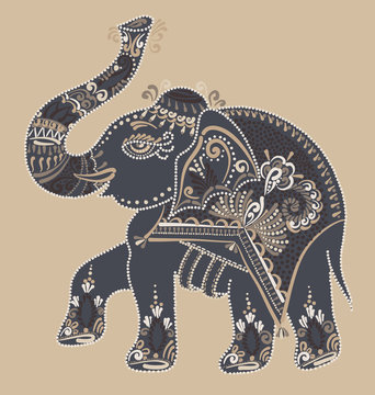 folk art indian elephant, vector dot painting illustration