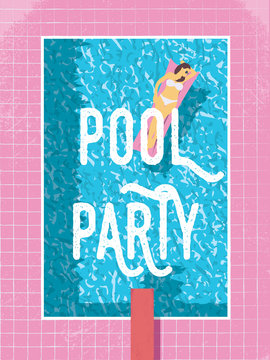 Pool party poster template with sexy woman in bikini sunbathing. 80s retro vintage style vector illustration.