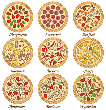 Set of round pizzas. Vector illustration.