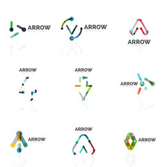 Set of linear arrow abstract logos, connected multicolored segments lines in directional pointer figures