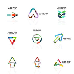 Set of linear arrow abstract logos, connected multicolored segments lines in directional pointer figures