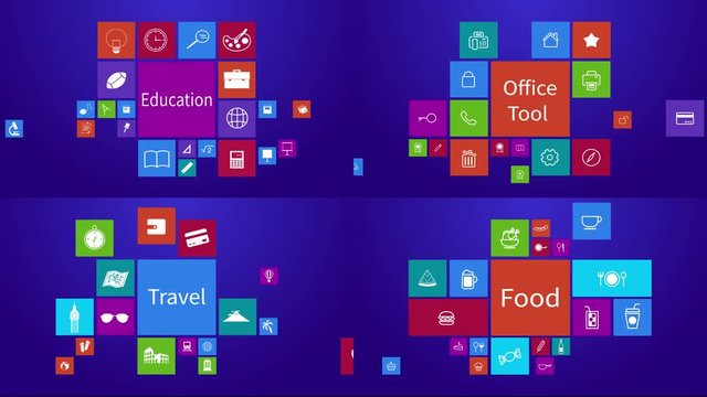 Four HD screen of computer or mobile application app of flat business office, education, transportation travel and food icon in geometric window background