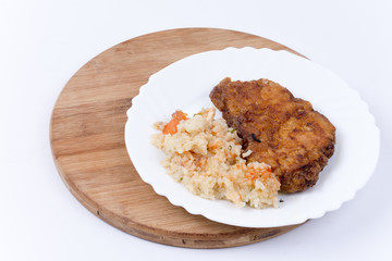 Fried steak with cooked rice