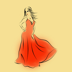 Девушка позирует в воздушном  красном летнем длинном платье. Силуэт девушки черные  линии на бежевом  фоне.
