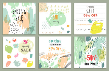 Spring sale design. Collection of six hand drawn unusual posters