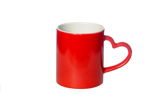the coffee Cup red with handle in shape of heart isolated on white background