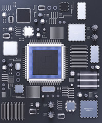 Processor (microchip) interconnected receiving and sending information. Concept of technology and future.