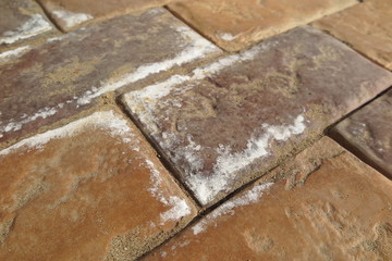Efflorescence on the modern concrete parking tiles