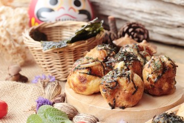 Takoyaki fried balls with sauce ,tradinition japanese food.