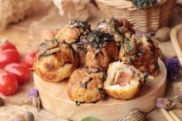 Takoyaki fried balls with sauce ,tradinition japanese food.