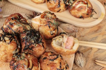 Takoyaki fried balls with sauce ,tradinition japanese food.