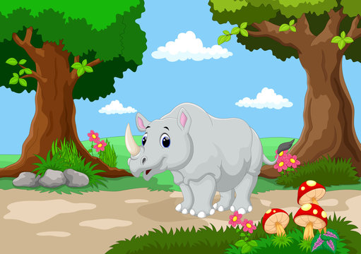 Funny rhino with a background of a beautiful garden