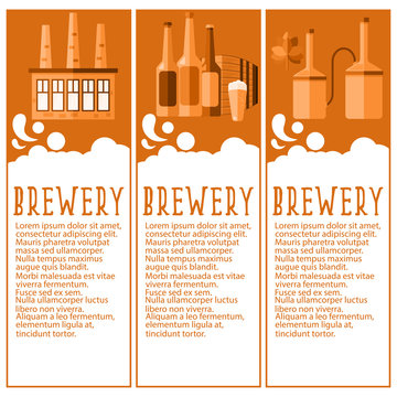 Set of banner for brewery industry with brewery objects. Vector
