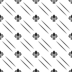 Seamless vector ornament. Modern geometric pattern with black diagonal lines and royal lilies