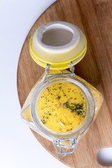 Top view of glass jar with mixed spices