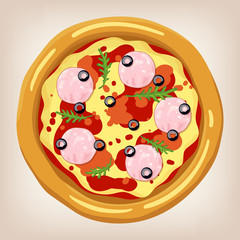 Ham and Arugula pizza vector illustration. Pizza set. Cartoon style icon. Restaurant menu illustration. 