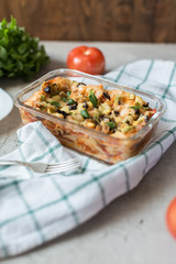 baked lasagna on glass sheet