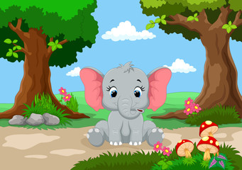 Funny elephant with a background of a beautiful garden