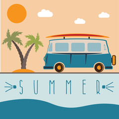 retro bus with surfboard vector design template