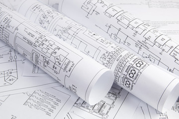 Science, technology and electronics. Electrical engineering drawings printing. Scientific development.