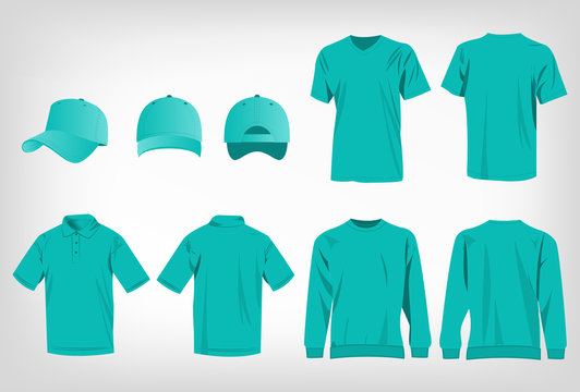 Sport turquoise t-shirt, sweater, polo shirt and baseball cap isolated set vector