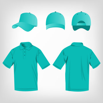 Sport turquoise polo shirt and baseball cap isolated set vector